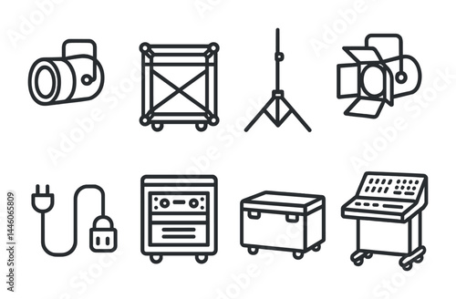 Event production outline icon set – linear style for av setup, stage design, and lighting essentials: camera, truss, tripod, spotlight, cable, speaker, mixer, console.