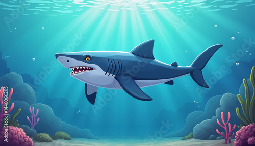 Cartoon shark swimming in vibrant underwater scene

