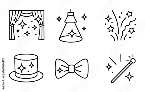 Magic and performance icons – outline style for theater, illusion, and entertainment designs: stage curtain, spotlight, sparkling wand, magic hat, bow tie, stars, fireworks.