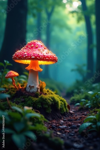 A lush forest with a glowing mushroom growing in the center, plant, green, wild
