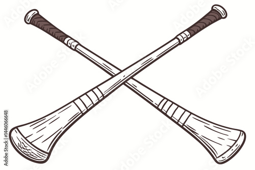 99 Antique wooden hurling sticks, crossed formation, Irish sports equipment, weathered texture, pale wooden handles, dark curved ends, traditional Gaelic game, vintage sports memorabilia, sepia tones,