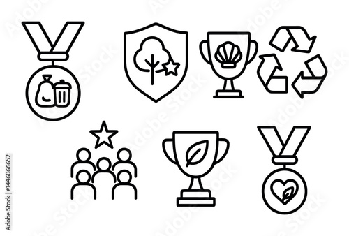 Environmental sustainability line icons set – eco-friendly nature and conservation symbols: recycling, tree, trophy, community, medal, leaf, award, shield