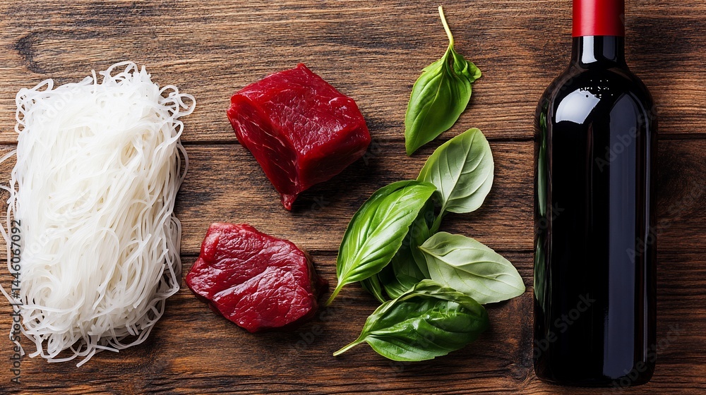 Asian meal prep ingredients. Wine bottle alongside