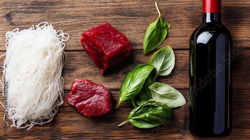 Obraz na płótnie Asian meal prep ingredients. Wine bottle alongside w salonie
