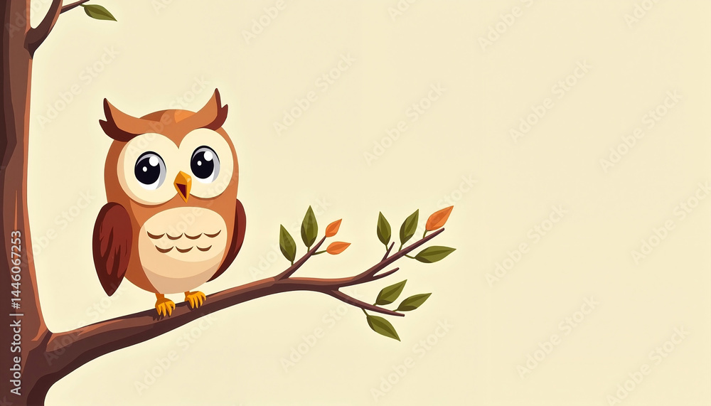 Fototapeta premium Cartoon owl sitting on a branch against a light background 