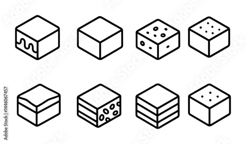 Bakery-themed linear icon set – outline style for pastry, dessert, and cake design projects: cake slice, cheesecake, brownie, sponge cake, layer cake, cupcake, torte, tart.