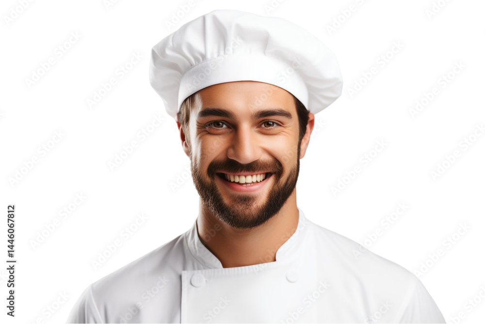 Portrait of a Smiling Handsome Chef with a Hat – Professional Chef in Uniform with Positive Expression Isolated on White Background Portrait of a Smiling Handsome Chef with a Hat – Professional Chef in Uniform with Positive Expression Isolated on White Background