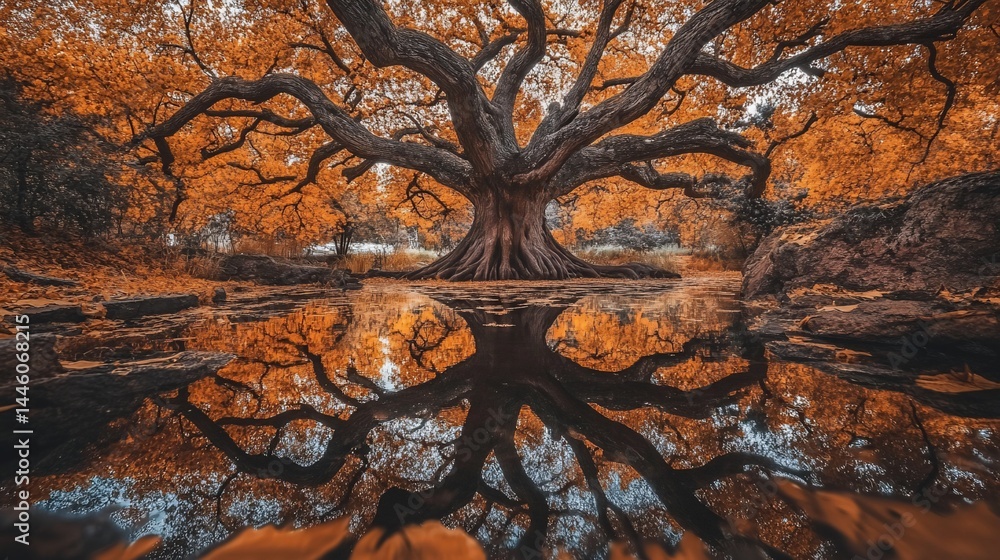 Majestic tree reflected in a tranquil pool. Autumn colors