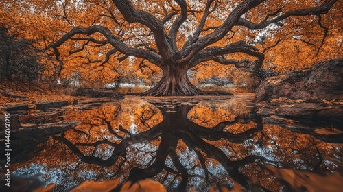 Obraz na płótnie Majestic tree reflected in a tranquil pool. Autumn colors w salonie