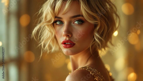 Beautiful woman with blond short hair and red lips. 