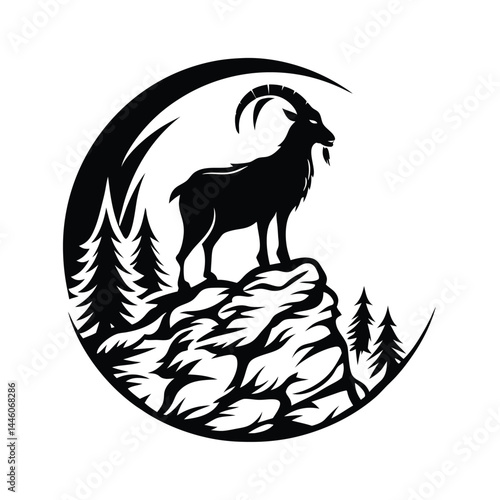 Silhouette Ibex Standing on Rock, Mountain Forest, Monochrome Circular Nature Emblem
