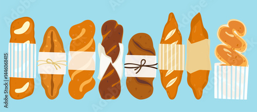 Bakery and fresh pastries set. Collection of homemade breads, fresh french bread slices, baguettes, assortment. Bakery and shop. Flat design vector illustration elements. Isolated. White background.