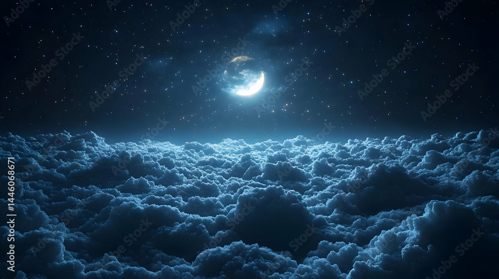 Fototapeta premium Crescent Moon Over a Sea of Clouds at Night