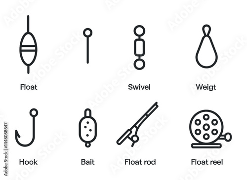 Fishing gear outline icon set – linear style for anglers and outdoor enthusiasts: float, swivel, weight, hook, bait, float rod, reel