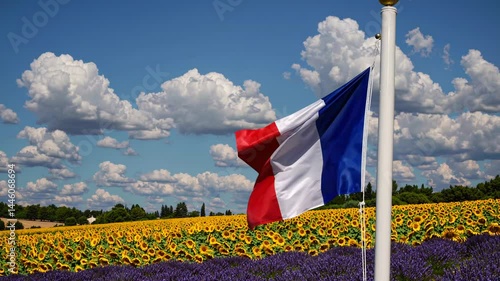 French flag waving amidst vibrant sunflower and lavender fields under blue sky