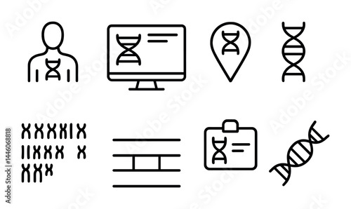 Genetic science and dna outline icons set – linear style genome research, biology, and molecular structure symbols: dna strand, microscope, chromosome, lab flask, scientist, computer, genome map.