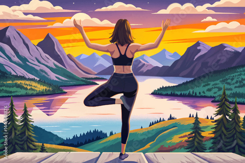 Amazing Back view of slim woman in black sportswear doing yoga exercise on one leg in mountains. sunset time vector