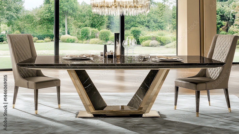 Luxury dining table with marble top and gold accents. Spacious room with large windows overlooking a garden. Elegant and modern design