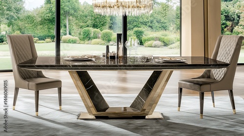 Obraz na płótnie Luxury dining table with marble top and gold accents. Spacious room with large windows overlooking a garden. Elegant and modern design w salonie
