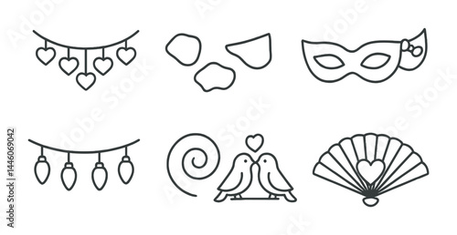 Valentine's day line icon set – outline style romance, celebration, and love symbols: heart garland, rose petals, mask, fairy lights, lovebirds, hand fan.