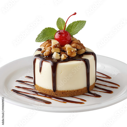 A delicious cheesecake dessert with chocolate drizzle and cherry garnish rests.