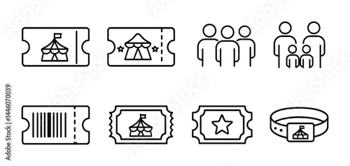Event and ticketing linear icons set – outline style admission, venue, and concert symbols for seamless planning: ticket, family, barcode, wristband, star, tent, voucher.