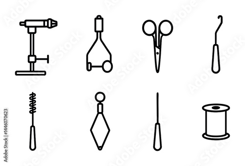 Fly fishing outline icons set – linear style angling tools and gear symbols for outdoor enthusiasts: vise, bobbin, scissors, hook, brush, knot tyer, line spool