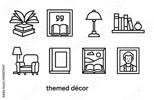 Home library icon set – outline style reading, literature, and relaxation symbols for interior design: bookshelf, lamp, chair, book, painting, frame, plant, quote.