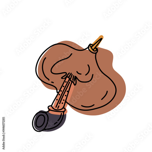 Traditional Turkish musical instruments. Baglama, kemence, sipsi, tulum, ney and davul. Black silhouettes technique drawing.. Hand drawn vector illustration.