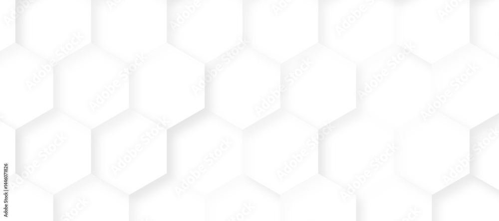 Fototapeta premium Seamless hexagon pattern on a clean white background, modern and minimalistic design. Geometric layout with evenly spaced hexagons, subtle shadows for depth, high-resolution vector style. 
