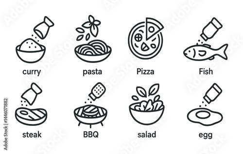 Culinary cuisine outline icon set – linear style food and cooking symbols for recipe design: curry, pasta, pizza, fish, steak, bbq, salad, egg.