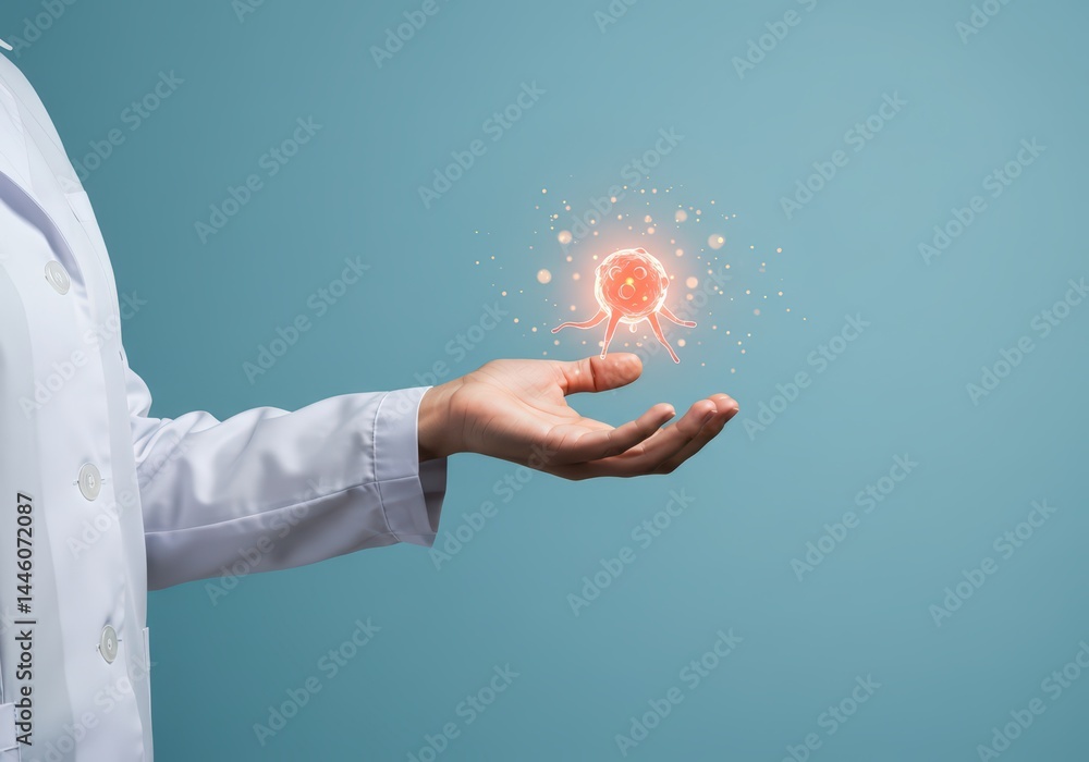 Doctor's hand holding cancer cell illustration. Medical breakthrough concept. Cancer treatment development and research. Oncology research. World cancer day.