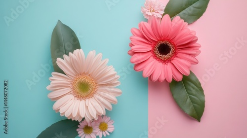  A floral background with pink and white blossoms on a split blue and pink background.