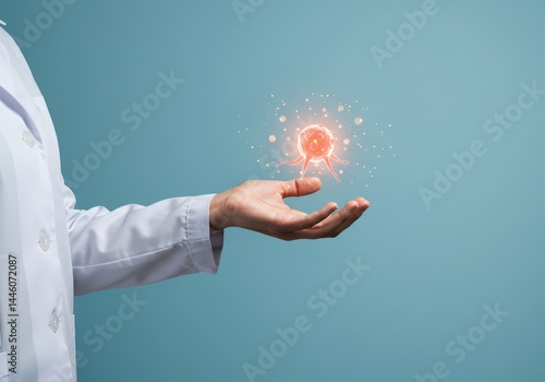 Obraz na płótnie Doctor's hand holding cancer cell illustration. Medical breakthrough concept. Cancer treatment development and research. Oncology research. World cancer day. w salonie