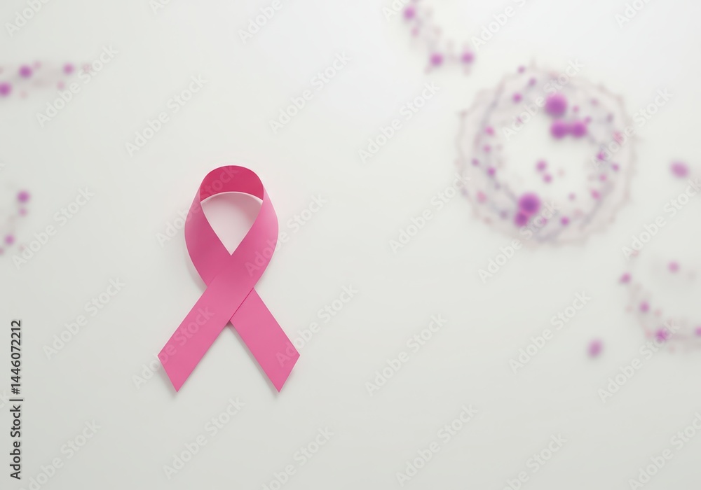 Pink awareness ribbon representing breast cancer support with abstract cells. Symbol of hope and solidarity for cancer patients and medical breakthrough for treatment concept.