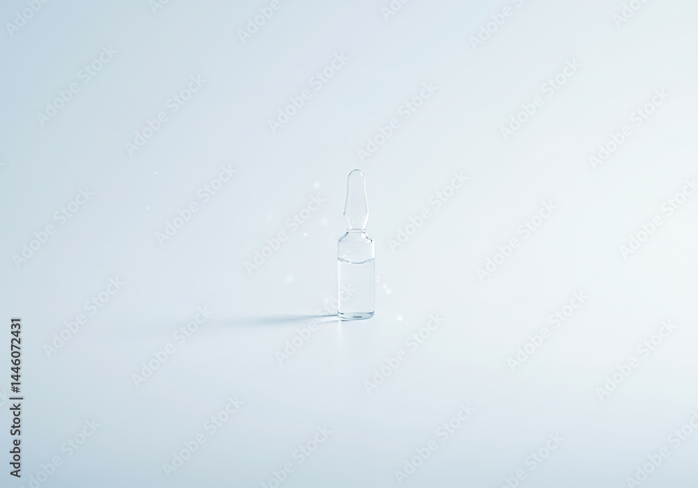 An ampule with a clear liquid is shown on a light background, illustrating a medical development for fighting cancer or a breakthrough in disease cure treatment.