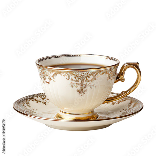An ornate teacup with gold accents filled with hot tea rests on saucer.