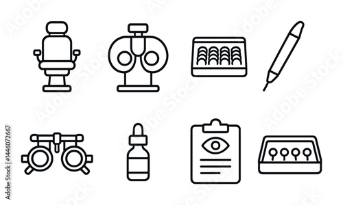 Optometry and vision care icons set - linear style eye health, optician tools, and optical symbols: phoropter, eye chart, eyeglasses, contact lens, eye drops, ophthalmoscope, optician chair.