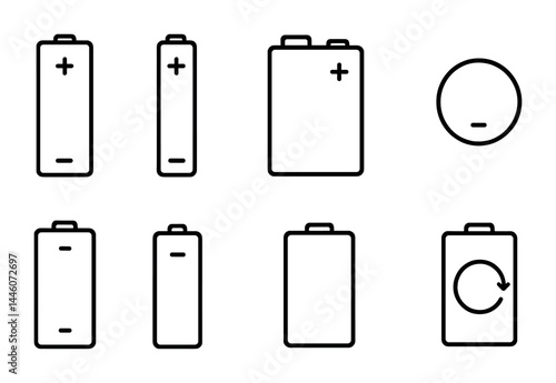 Energy and battery line icons – outline style recharge, power, and technology symbols for sustainability projects: aa battery, aaa battery, lithium cell, negative charge, recycle.