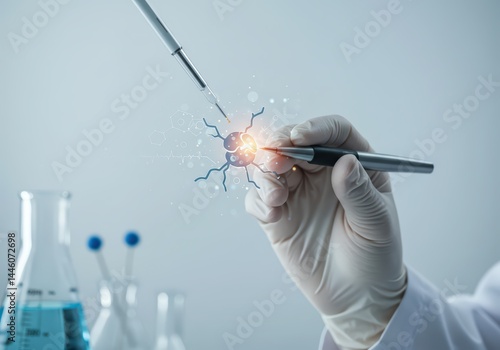 Scientist examining a cell in a laboratory using a pipette and pointer, symbolizing medical breakthrough and cancer treatment research against a blue background.