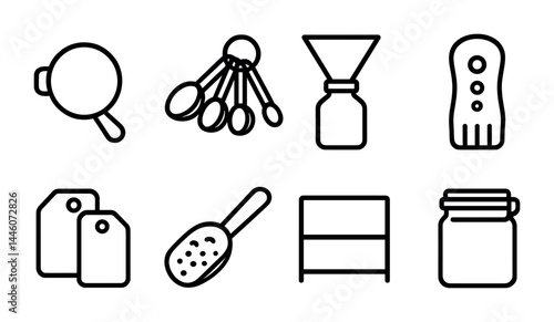 Kitchen and cooking tools outline icons set – linear style culinary, kitchenware, and utensil symbols for home chefs: spoon, jar, whisk, grater, bottle, tags, shelf.