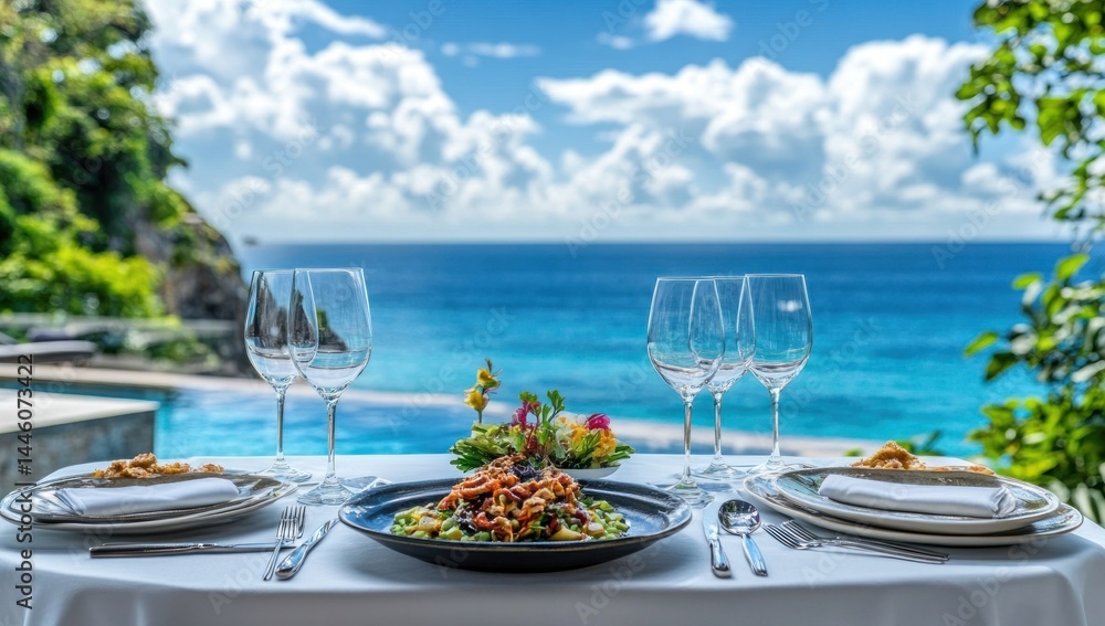 Obraz premium Luxury Oceanfront Dining: Exquisite Meal with Stunning Sea View
