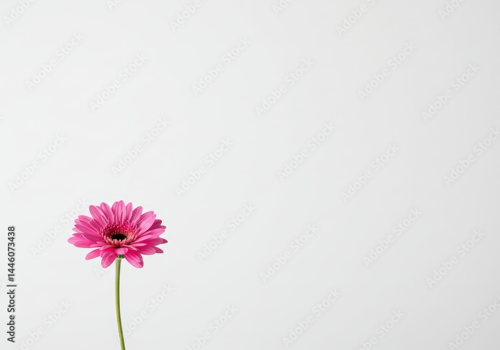 Pink gerbera daisy flower head with green stem on white isolated background minimal style design element. Concept of new medical cure, cancer recovery, treatment breakthrough.