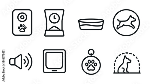 Pet care linear icon set – outline style for animal attention, pet management, and veterinary needs: dog bowl, feeder, bed, paw print, audio, playful dog, kennel.