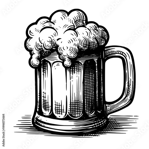 Vintage beer mug with frothy foam on a transparent background