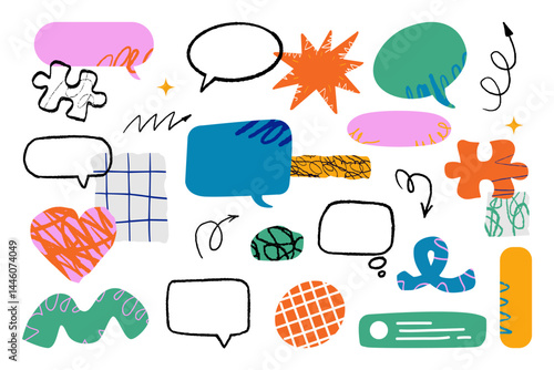 A collection of diverse doodle-style elements, including speech bubbles, puzzle pieces, stars, hearts, arrows, abstract shapes, and textured patches.