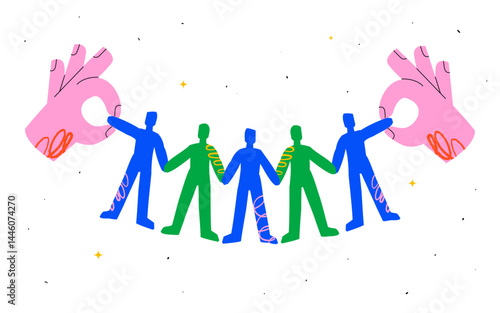 A row of stylized figures cut out of paper, which are controlled from above by two large hands. The concept of management, social manipulation, or external influence on a group.