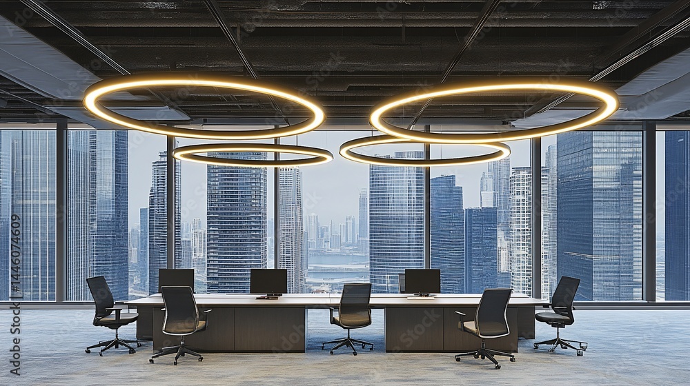Modern office with city view, large window, circular lights, and conference table