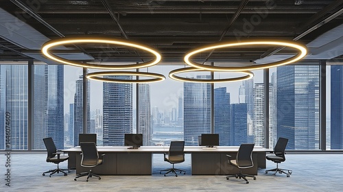 Obraz na płótnie Modern office with city view, large window, circular lights, and conference table w salonie