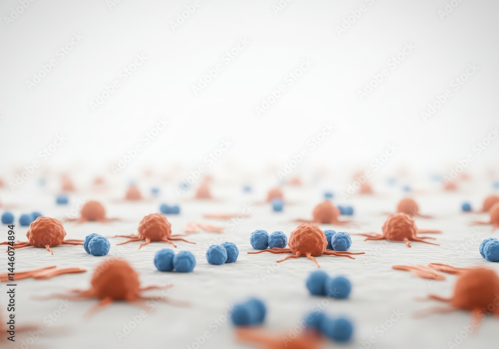 Render of immune cell attacking a cancer cell. Microscopic view of medical treatment fighting disease. Concept of health and medical science for cure.